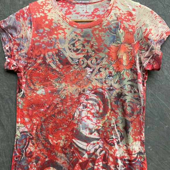 Go Jeans Shirt Floral Burnout Shirt Womens Medium Red Dragon Los Angeles Y2k 90s - Picture 3 of 11